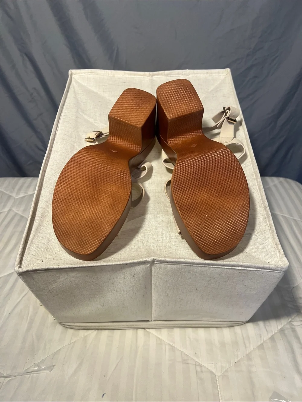SHEIN Cream Strappy Platform Block Heels with Brown Wood-Look Sole